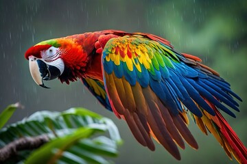 a colorful macaw flies through the jungle forest in the rain