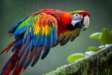 a colorful macaw flies through the jungle forest in the rain