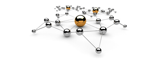 Fototapeta premium Silver balls on a white background. The dominant position of the object. Network structure. The atomic lattice. An abstraction. Free space for insertion. Illustration. 3D rendering. 