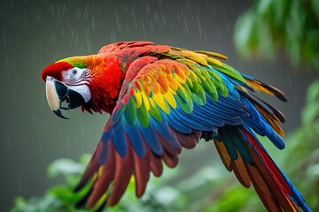 Obraz premium a colorful macaw flies through the jungle forest in the rain
