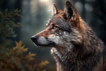 Fototapeta premium Generative AI illustration of a iberian wolf of Spain (European wolf) with hazel eyes looking at camera in nature