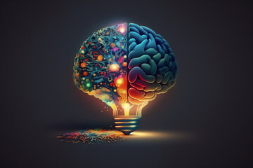 Generative AI illustration of creative idea with brain and light bulb illustration on a dark background