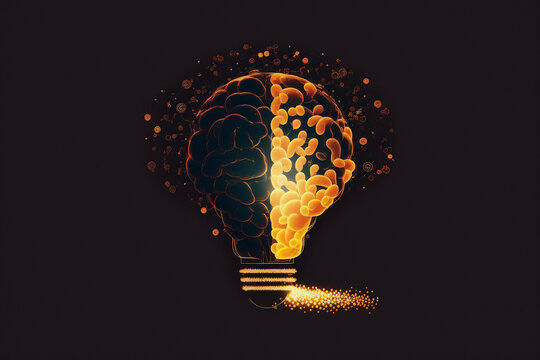 Generative AI illustration of creative idea with brain and light bulb illustration on a dark background