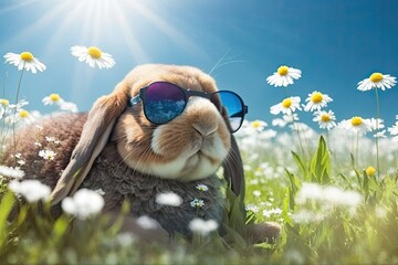 Spring Rabbit wearing Sunglasses in a Meadow with Green Grass (Generative Ai)