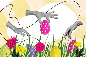 Photo collage artwork minimal picture of arms picking grass colorful easter eggs isolated drawing background