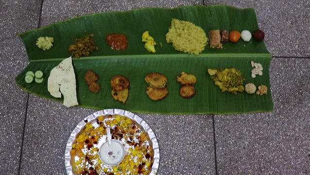 indian traditional mithila region food served at banana leaf at festival from different angle