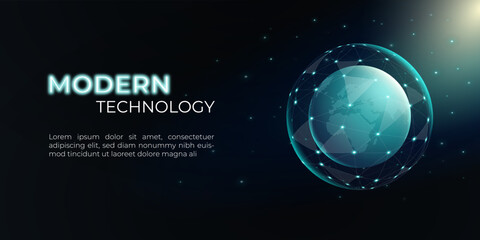 Sci fi planet with global network connection in space. Globe with a low poly sphere on a dark background. Abstract technology background. Vector illustration.