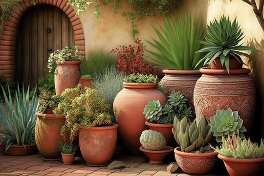 A Mediterranean-inspired garden with terracotta pots filled with succulents and aromatic herbs - Generative AI