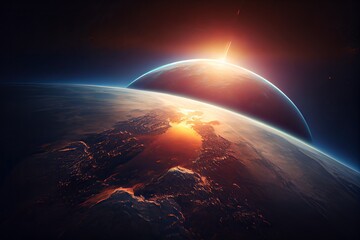 Fototapeta na wymiar beautiful planet Earth seen from space, Aerial view of sunrise/sunset aerial view. Generative Ai