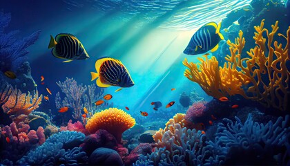 Fototapeta na wymiar Underwater scene. Coral reef, colorful fish groups and sunny sky shining through clean ocean water. Space underwater for you to fill or just use standalone. High res. Generative Ai