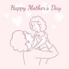 Cute greeting card in pastel pink tones.  African american mother holds  daughter. Black mom with child. Motherhood concept. International Mother’s Day. Vector illustration in sketch hand drawn style
