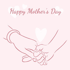Cute greeting card in pastel pink tones. Child hand holds mother finger. Hand in hand. Family and love. International Mother’s Day. Vector illustration in sketch hand drawn style