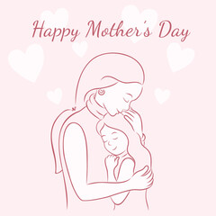 Cute greeting card in pastel pink tones. Sweet mother holds her little daughter. Mom embraces her child. Motherhood concept. International Mother’s Day. Vector illustration in sketch hand drawn style