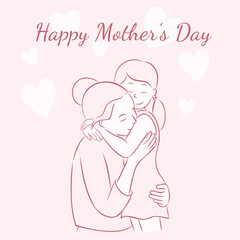 Cute greeting card in pastel pink tones. Sweet mother holds her little daughter. Asian mom embraces her child. Motherhood concept. International Mother’s Day. Vector sketch hand drawn illustration