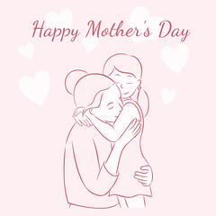 Cute greeting card in pastel pink tones.  Sweet mother holds her little daughter. Asian mom embraces her child. Motherhood concept. International Mother’s Day. Vector sketch hand drawn illustration