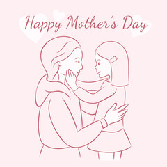 Cute greeting card in pastel pink tones. Sweet mother look at her little daughter. Scandinavian mom with her child. Motherhood concept. International Mother’s Day. Vector hand drawn illustration