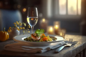 Keuken spatwand met foto Michelin star quality food dish in a very atmospheric restaurant setting with bright daylight and wine on the table, AI generative. © SUPER RANDOM STOCK