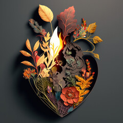 A burning heart, a stylized object of plants and flowers, a voluminous collage cut out of paper