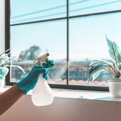 Cleaning staff operator injects alcohol and Use a cloth to wipe the window or glass, Cleaning...