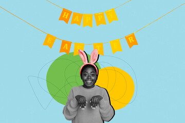 3d retro creative collage artwork template of funny funky lady wear easter bunny ears having fun...