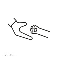 pet friendly icon, shelter animals, hand with cat paw, thin line symbol on white background - editable stroke vector illustration eps10