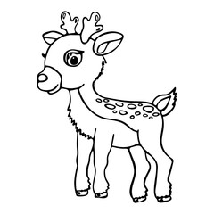 Enjoy coloring our hand-drawn black and white page featuring a cute baby deer, perfect for a coloring book. Vector illustration.