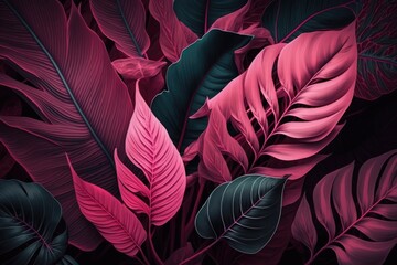 Pink plant leaves background, floral tropical pattern for wallpaper. Generative AI.
