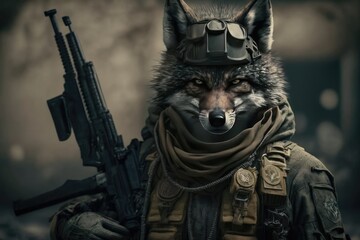 Wolf dressed as a warfare soldier holding a gun. Generative AI.