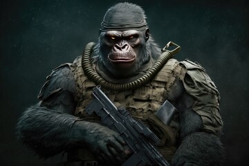 Gorilla dressed as a warfare soldier holding a gun. Generative AI.