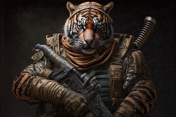 Fototapeta na wymiar Tiger dressed as a warfare soldier holding a gun. Generative AI.