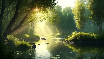 Beautiful natural scenery of river in green forest 