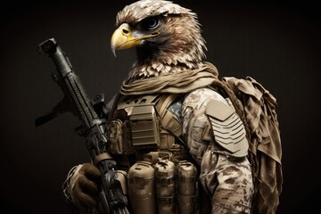 Bald Eagle dressed as a warfare soldier holding a gun. Generative AI.