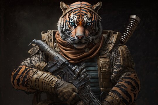 Tiger dressed as a warfare soldier holding a gun. Generative AI.
