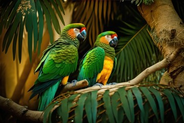 Obraz premium Green and yellow parrots in a tree. Generative AI.
