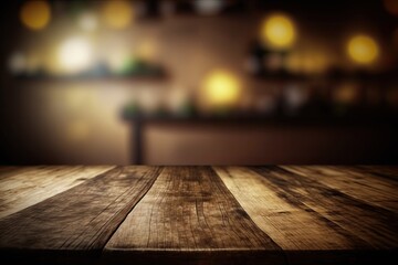 Empty wood table top with defocused background. Generative AI.