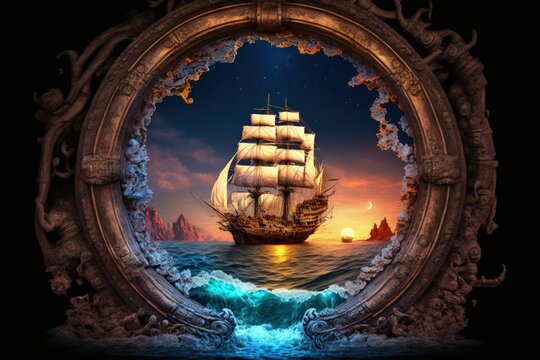 Portal to a paradise island, pirate ship and sea. Generative AI