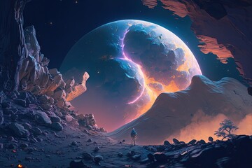 Desert landscape on the surface of another planet with mountains and giant moon in space. Generative AI	