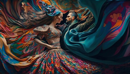 passionate dance in the Spanish gypsy style, pattern with many colors, a couple in carnival clothes - obrazy, fototapety, plakaty