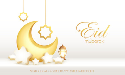Fototapeta na wymiar Islamic festive holiday design - Eid Mubarak. Crescent moon with star, lanterns and hanging decorations on 3D background.