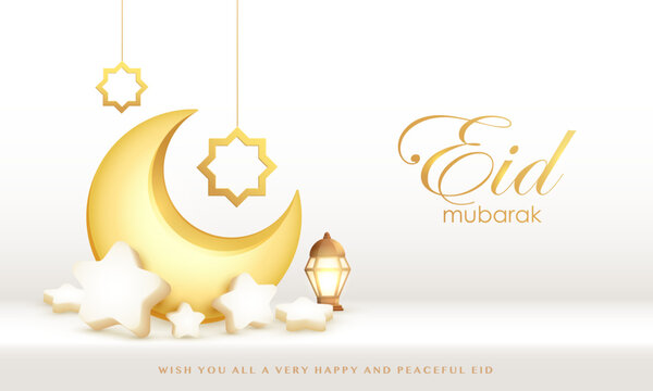 Islamic festive holiday design - Eid Mubarak. Crescent moon with star, lanterns and hanging decorations on 3D background.