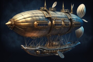 Fototapeta na wymiar Landscape with airship in the sky with clouds, steampunk style, blue background. Generative AI