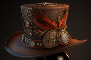 Steampunk style top hat illustration, dark background. Generative AI