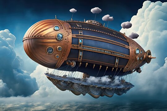 Landscape with airship in the sky with clouds, steampunk style, blue background. Generative AI