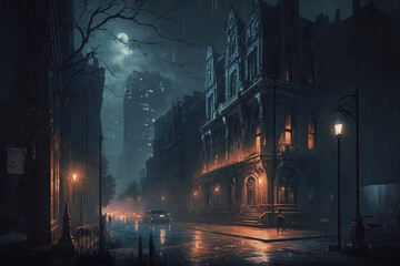 Fototapeta na wymiar City scenery at night with dark colors Generative AI
