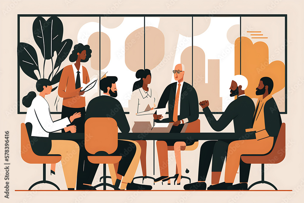 Wall mural Flat vector illustration Coaches mature business leaders to talk to diverse teammates and listen to white CEOs. Project managers team of multicultural professionals negotiating in meeting room. ...  