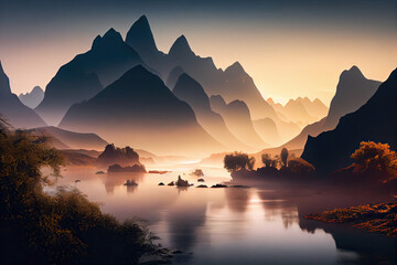 View of peak forest and Li River in Guilin, Guangxi, China during golden hour in early morning mist.