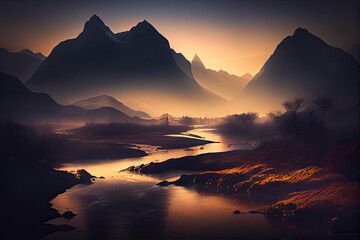 Fototapeta na wymiar View of peak forest and Li River in Guilin, Guangxi, China during golden hour in early morning mist.