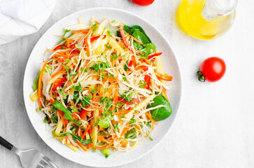 Fresh Vegetable Salad with Cabbage, Bell Pepper, and Carrot on Bright Background, Healthy Eating