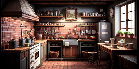 A small professional kitchen is expertly crafted, featuring modern touches and sleek appliances. Its muted blues and whites create a calming atmosphere - generative ai.