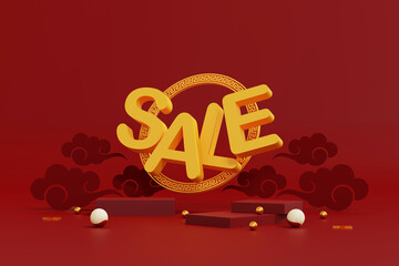 Abstract minimal mock up scene. red podium for show product display. stage pedestal or platform. Chinese new year red and gold background. sale banner background. 3D illustration